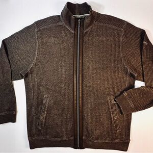 Tommy Bahama Sweater Men's medium Brown Full Zip Knit Mock Neck Pockets Ribbed.